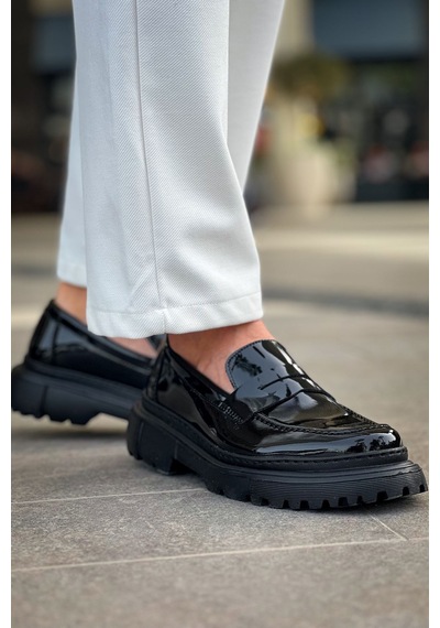 Roof Atelier Erkek Siyah Rugan Kalın Taban Loafer Ayakkabı - 2417 - Rst Siyah