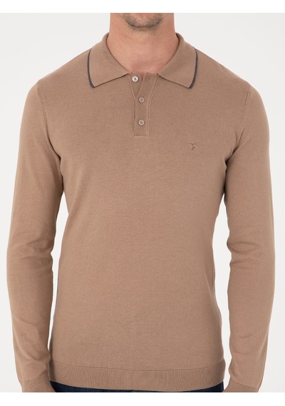 Cacharel Camel Slim Fit Pamuk Karışımlı Polo Yaka Triko Kazak Kahverengi