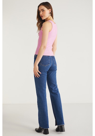 Ethıquet Lıllesol Kadın Fitilli Görünümlü Slim Fit Vücuda Oturan Havuz Yakalı Pamuklu Basic Koyu Pem Koyu Pembe