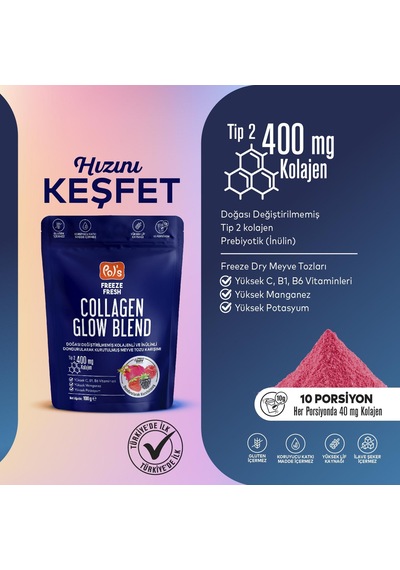 Pol's Freeze Fresh Glow Blend 100 G, Dondurularak Kurutulmuş Meyve Tozu, Kolajen, İnülin, Yüksek Lif, Manganez