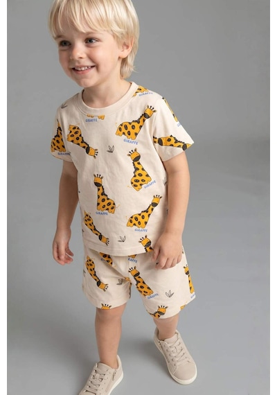 Defacto Hayvan Baskılı Kısa Kollu Üst Şort Alt 2li Pijama Takımı Erkek Bebek H4031a526hsyl238 Sarı-yl238