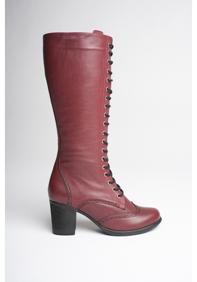 Analin Shoes Kadın Hakiki Deri Bağcıklı Topuklu Çizme Bordo