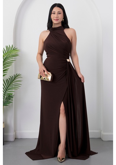 Kalopya Halter Yaka Drapeli Tokalı Abiye Elbise Ecr5862 Kahve