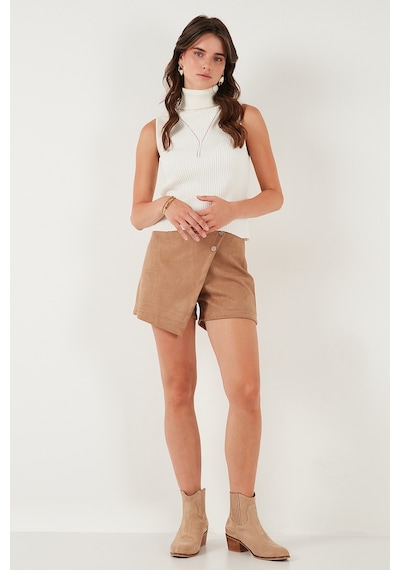 Lela Asimetrik Kışlık Scuba Süet Düğme Detaylı Slim Fit Bayan Şort Etek 5865968 Vizon