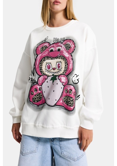 Itsbasic Kadın Beyaz W5 Oversize Baskılı %100 Koton Organik Kumaş Sweatshirt