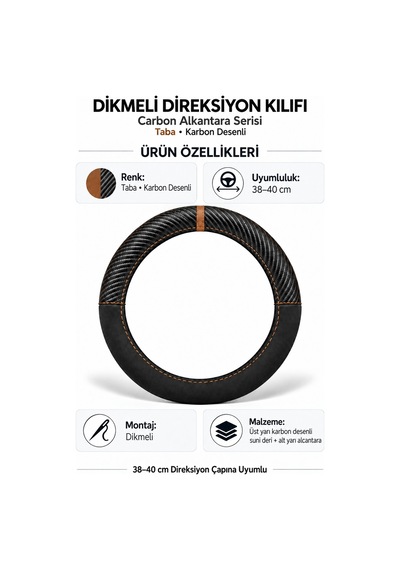 Trobus Audi Q3 2019-2025 Uyumlu Dikmeli Direksiyon Kılıfı Carbon Alkantara Karbon Desenli Taba