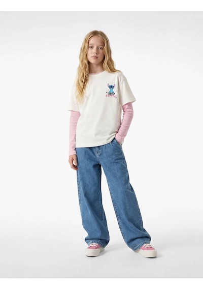 Koton Stitch Baskılı Lisanslı Ekru Kız Çocuk T-shirt 6skg10325ak Ekru