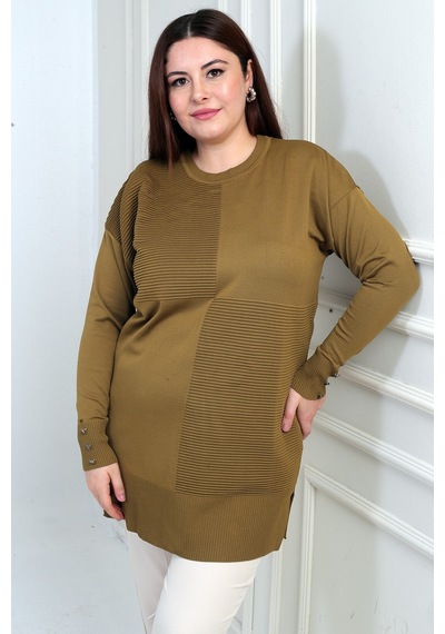 By Saygı Kadın Kolları Düğme Detaylı Büyük Beden Tunik Bluz Hardal