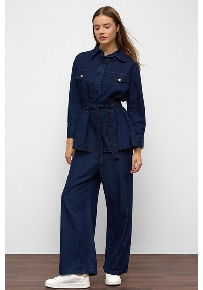 Olcay Geniş Paça Pantolon Denim İkili Takım Koyu Mavi 9379-tk
