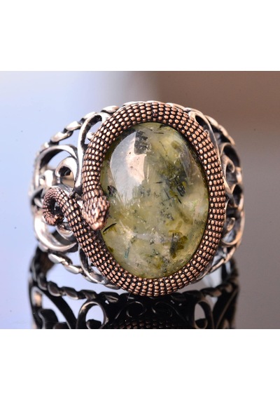 925 Ayar Katı Gümüş Erkek Yüzük Doğal Taşlarla - El Yapımı Şıklık Prehnite Jade Taşı Gümüş
