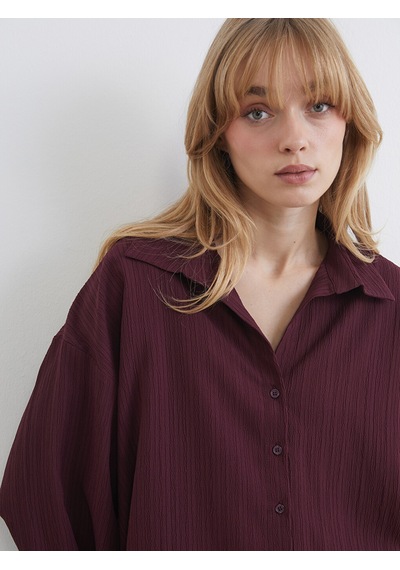 Lcw Vision Bordo Çizgili Oversize Kadın Gömlek