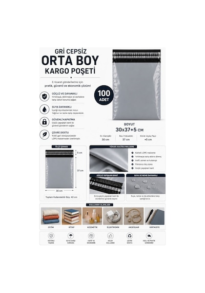 Gri Cepsiz Orta Boy Kargo Poşeti 30x37+5 Cm 100 Adet