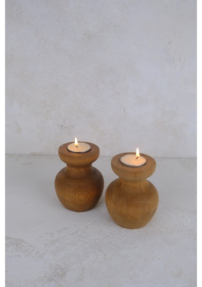 2 Li Büyük Nar Model Tealight Ahşap Şamdan Seti Dekoratif Şamdan