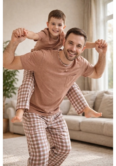 Rindahomewear Açık Kahverengi Kısa Kol Baba-oğul Cepli Pijama Takım Açık Kahverengi-80501