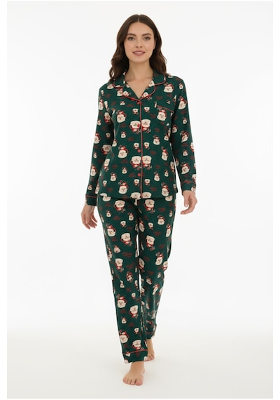Luxury Soft Yeşil Noel Baba Desenli Uzun Kollu Kadın Pijama Takımı 3023 Turkuaz