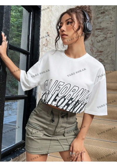 Startmore Crop Ckod-232913 Mektup Baskılı Kadın Beyaz