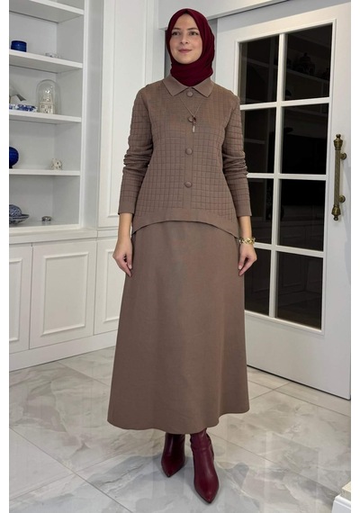 Rabia Şamlı Kumsal Triko Takım Sütlü Kahve Çok Renkli