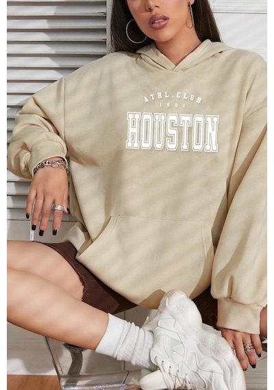 Uyguntarz Unisex Houston Baskılı Sweatshirt Bej