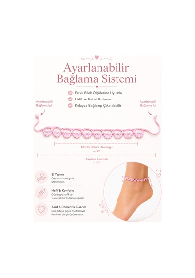 Boncuklu Halhal El Örgüsü Ayarlanabilir Bohem Yazlık Ayak Bileği Takısı Pembe