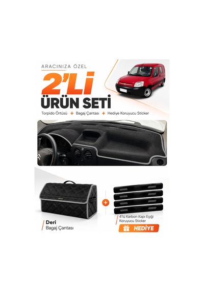Cıtroen Berlıngo M59 2002-2008 Uyumlu Torpido Örtüsü + Deri Bagaj Çantası + Sticker - Siyah Gri