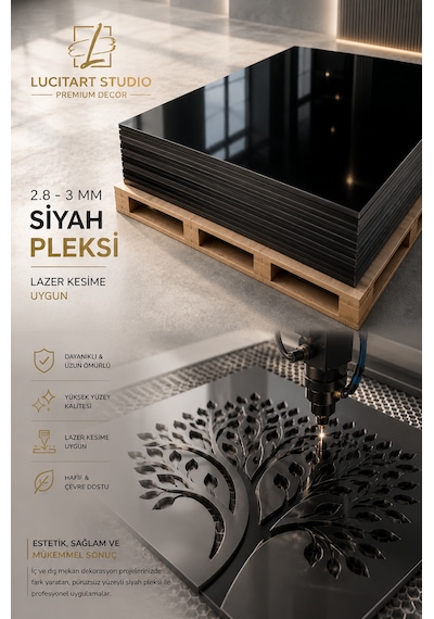 Siyah Pleksi Levha 2.8-3mm Parlak Yüzeyli Akrilik Pleksiglas Mika Dekorasyon, Hobi Ve Tabela Kullanımı Lazer Ve Cnc Kesime Uygun Çeşitli Ebatlar