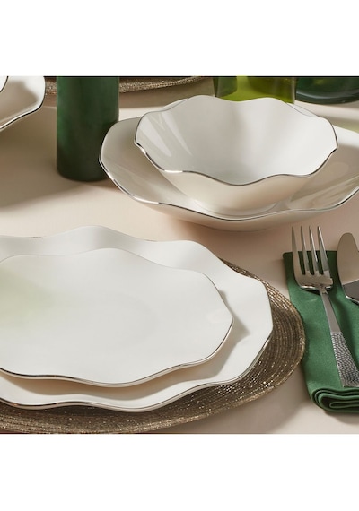 Güral Porselen Nesrin İki Mm Platin 30 Parça 6 Kişilik Bone Porselen Yemek Takımı Beyaz - Platin