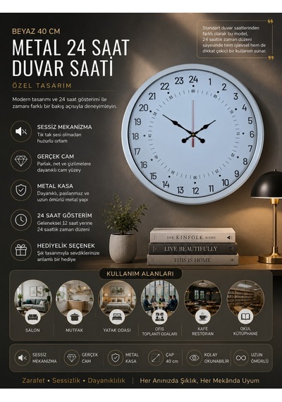 Almira Duvar Saati Beyaz 40 Cm Metal 24 Saat Göstergeli Özel Tasarım Duvar Saati