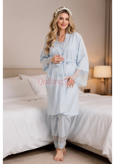 Quilling Lady Mavi Renkli, Derin Patlı, Dantel Detaylı 33002 Sabahlıklı 3lü Lohusa Hamile Pijama Takımı Açık Mavi M - L