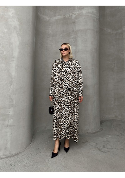 Olcay Leopar Desenli Yandan Yırtmaçlı Oversize Elbise Kahve 9262-e