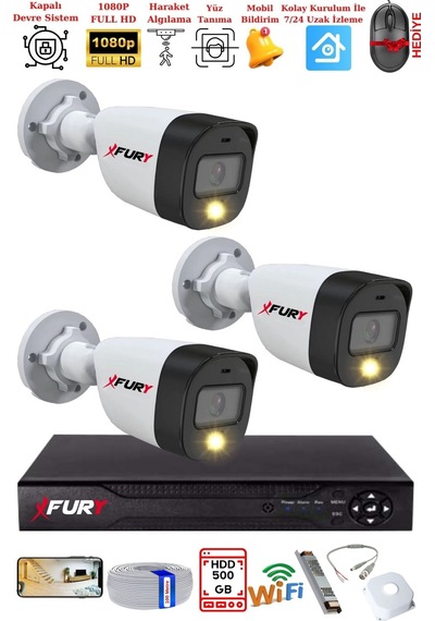 Fury 3 Kameralı 5mp Lens 2 Mp Görüntü Gece Renkli Full Hd Ultra Led Akıllı Güvenlik Kamerası Seti 500gb