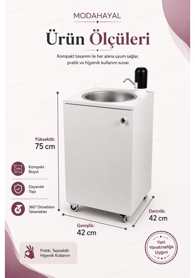 Mobil Lavabo Seyyar Lavabo Yeni Yönetmeliğe Uygun Model Şarjlı Elektronik Musluklu Çift Su Hazneli 360 Tekerlekli Paslanmaz Evyeli Beyaz