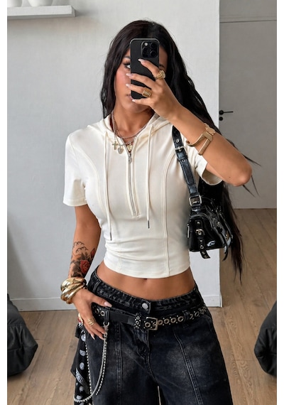 Tarz Cool Kapüşonlu Crop Tişört Fermuarlı Kısa Kollu Kadın Üst Body Beyaz