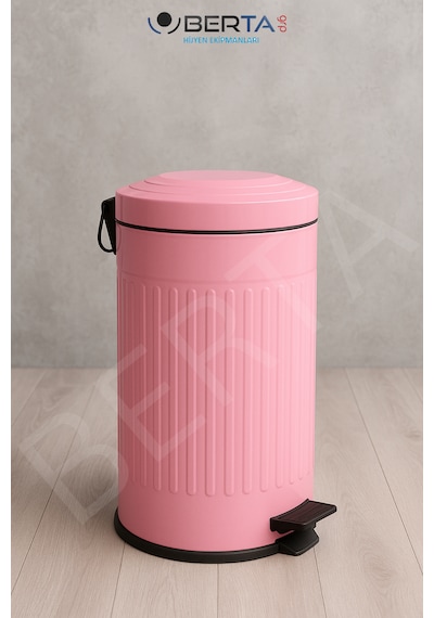 Vintage Krem Çöp Kovası Amortisörlü Kapak Çizgili Lüks Model 16lt Pembe