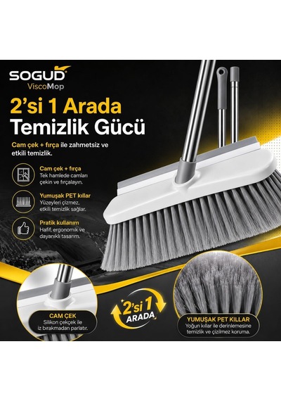 Viscomop Oto Yıkama Fırçası - Cam Çekli Araç Temizlik Seti, 3 Parçalı Metal Sap, Yumuşak Kıllı Çekçek, Arab Diğer