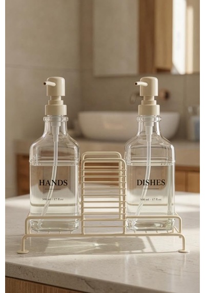 Digithome 2 Li Metal Standlı Cam Sıvı Sabun Ve Losyon Şişesi Sabunluk 500 Ml Krem B/1 C1-1-289 12 Izgara