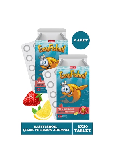 Easyfishoil Çocuk Çilek ve Limon Aromalı Takviye Edici Gıda 2 x 30 Çiğneme Tableti