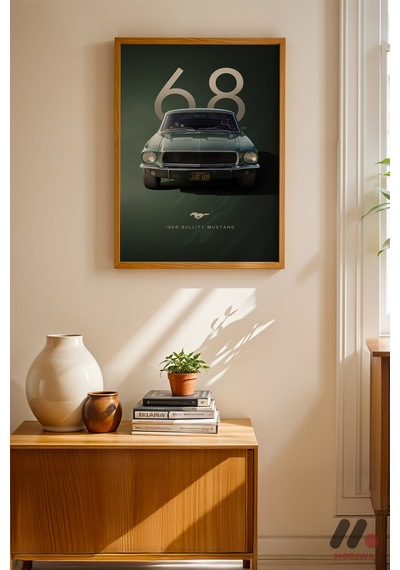 Ford Mustang Bullitt 1968 Poster, Ahşap Çerçeveli Duvar Tablosu - Oto Severlere Özel Hediye