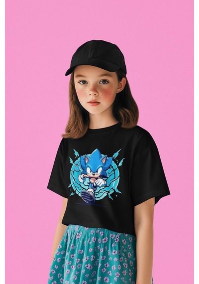 Sevbano Süper Sonic The Hedgehog Baskılı Unisex Çizgi Film Çocuk Tişört SIYAH