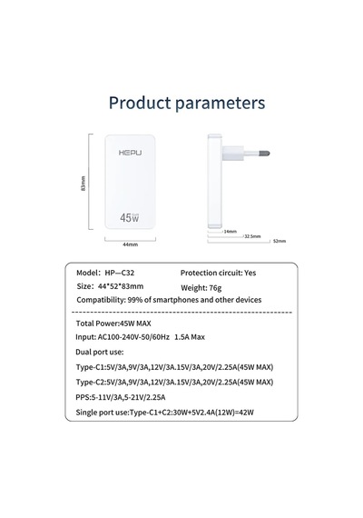 Hp-c35 45 Watt Gan Şarj Adaptörü 100 Cm Kablo 2-port Fast Charger Hızlı Şarj Seti Type-c Kablo Dahildir Quick Charge 3.0