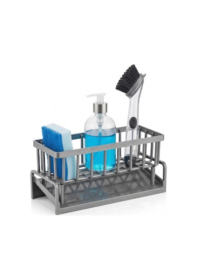 Lavabo Organizeri Tezgah Üstü Abs Plastik Mutfak Organizer Banyo Düzenleyici Evye Üstü Süngerlik Sabunluk Organizer Su Hazneli Gri Raf Metalik Gri Çok Renkli 59608258
