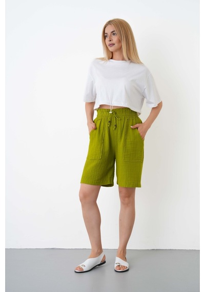 The Voler Müslin Şort Kadın Yüksek Bel Oversize Rahat Kesim Cepli %100 Pamuklu Yazlık Şort Yeşil The Voler Müslin Şort Kadın Yüksek Bel Oversize Rahat Kesim Cepli %100 Pamuklu Yazlık Şort Yeşil
