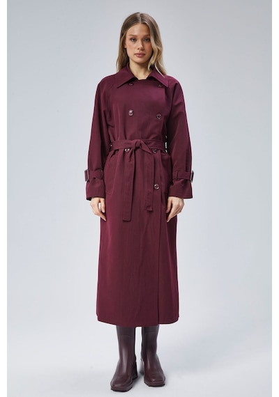 Kadın Oversize Kuşaklı Trençkot Bordo