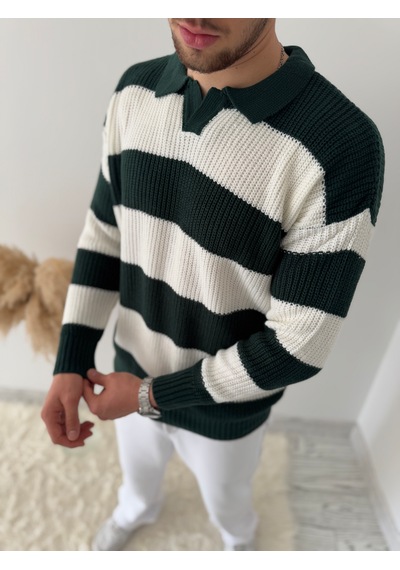 Say-Has Fashion Rahat Kalıp Erkek Polo Yaka Çizgili Triko Kazak Koyu Yeşil