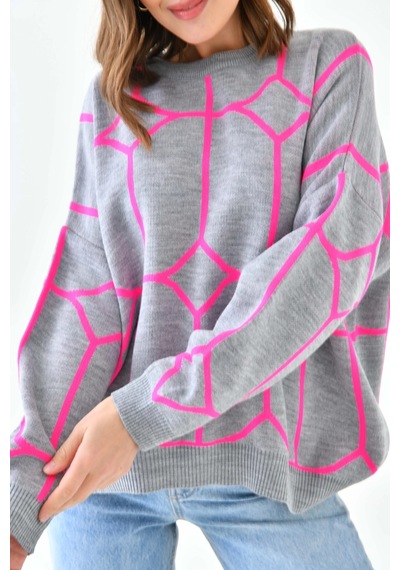 Park Karon Kadın Bisiklet Yaka Desenli Oversize Triko Kazak 224403 Gri