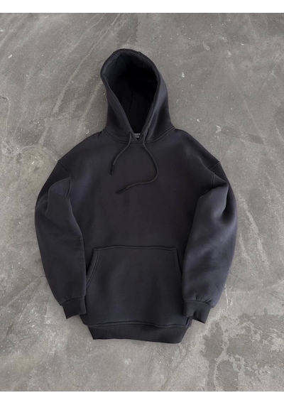 Kapşonlu Üç İplik Penye Basic Sweatshirt - Füme Füme