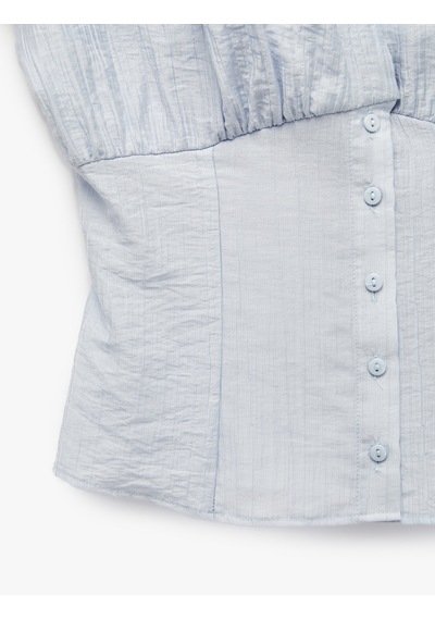 Koton Slim Fit Düğmeli Drapeli Hakim Yaka Kısa Kollu Bluz Mavi 6sak60460pw