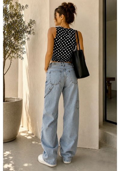 Bb Butik Basic Kargo Cepli Bol Paça Kadın Kot Pantolon St3439 Mavi