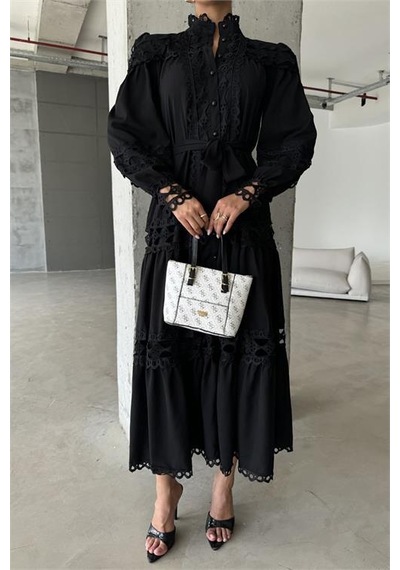 Neşeli Butik Kadın Uzun Dantel Detaylı Tasarım Elbise Nbms42110 Siyah