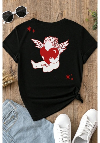 Spoyi Angel Heart Tasarımlı %100 Pamuk Yarım Oversize Siyah T-shirt