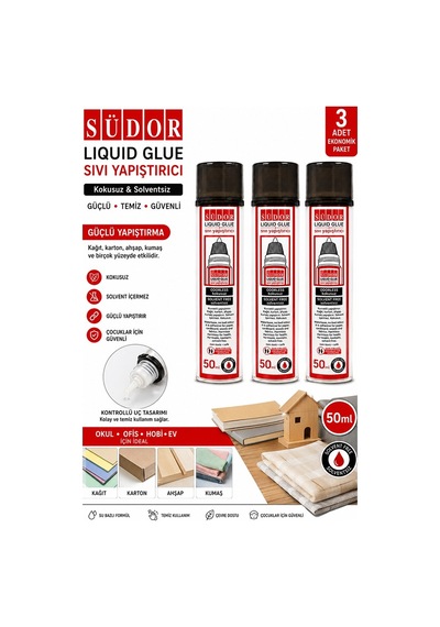 Sıvı Yapıştırıcı Şeffaf 50ml 3 Adet Südor Plastik Tüpte Sıvı Uhu Kağıt Karton Yapıştırıcısı Zararsız Okul Büro Ofis
